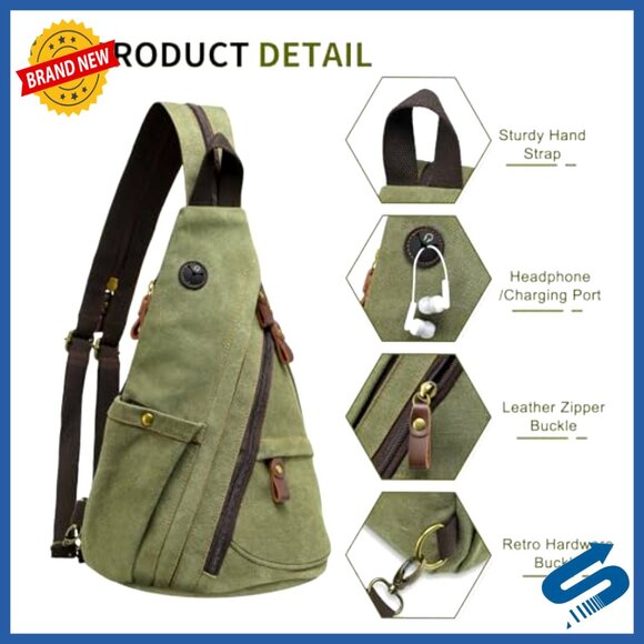 Vintage Canvas Sling Bag, 3-in-1 Convertible Crossbody Backpack, 16x10x6 Inches